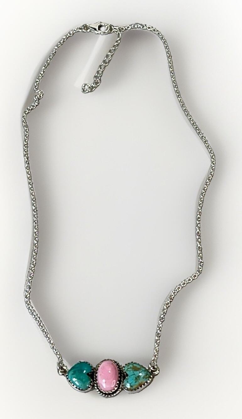Kingman Turquoise Queen Conch Heart 3 Stone Sterling Silver 925 Pendant Necklace